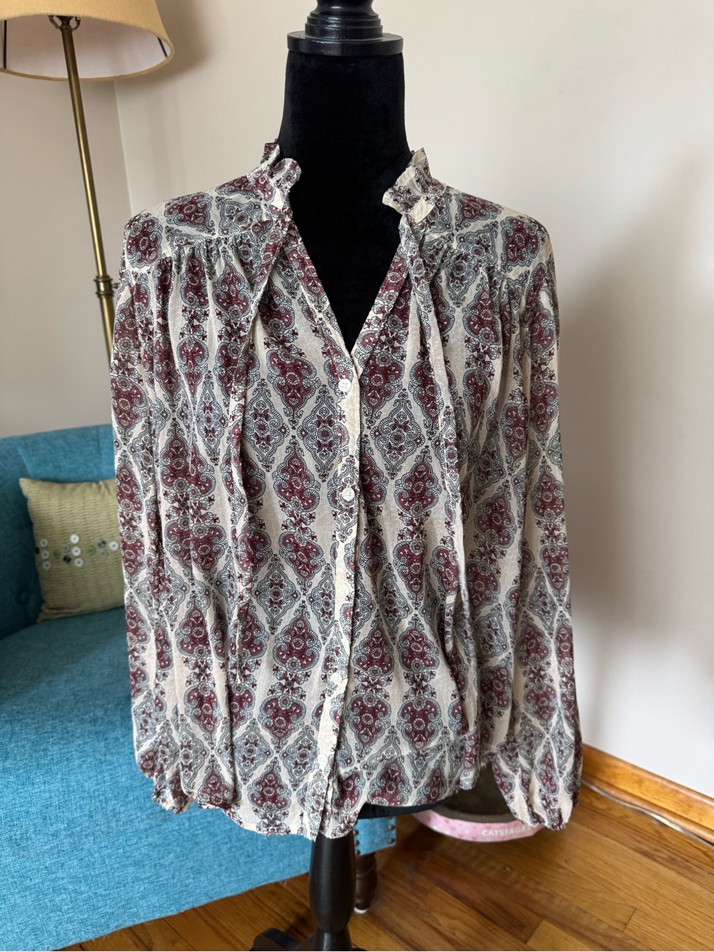 Hollister Cream Blouse with Burgundy and Gray Paisley Print